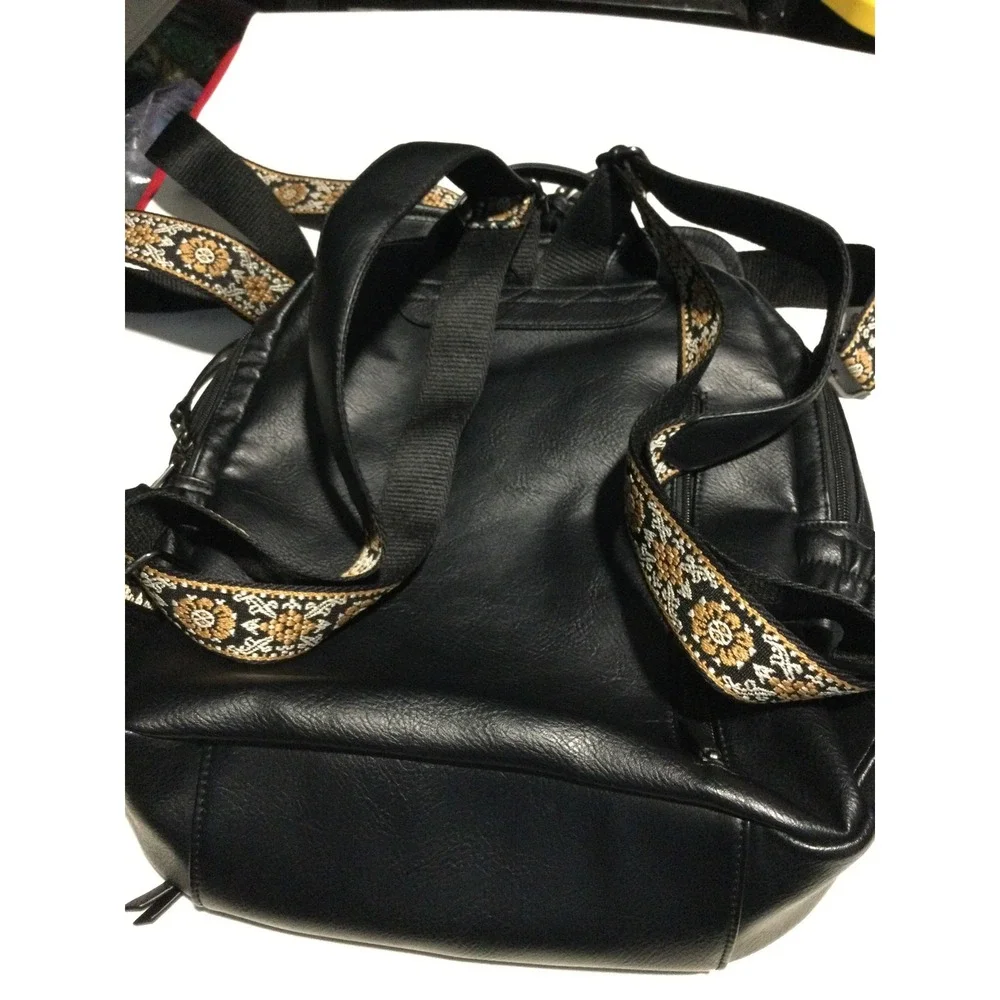 HKCLUB Black Faux Leather Studded Backpack‎ with Woven Guitar Strap Boho Bag